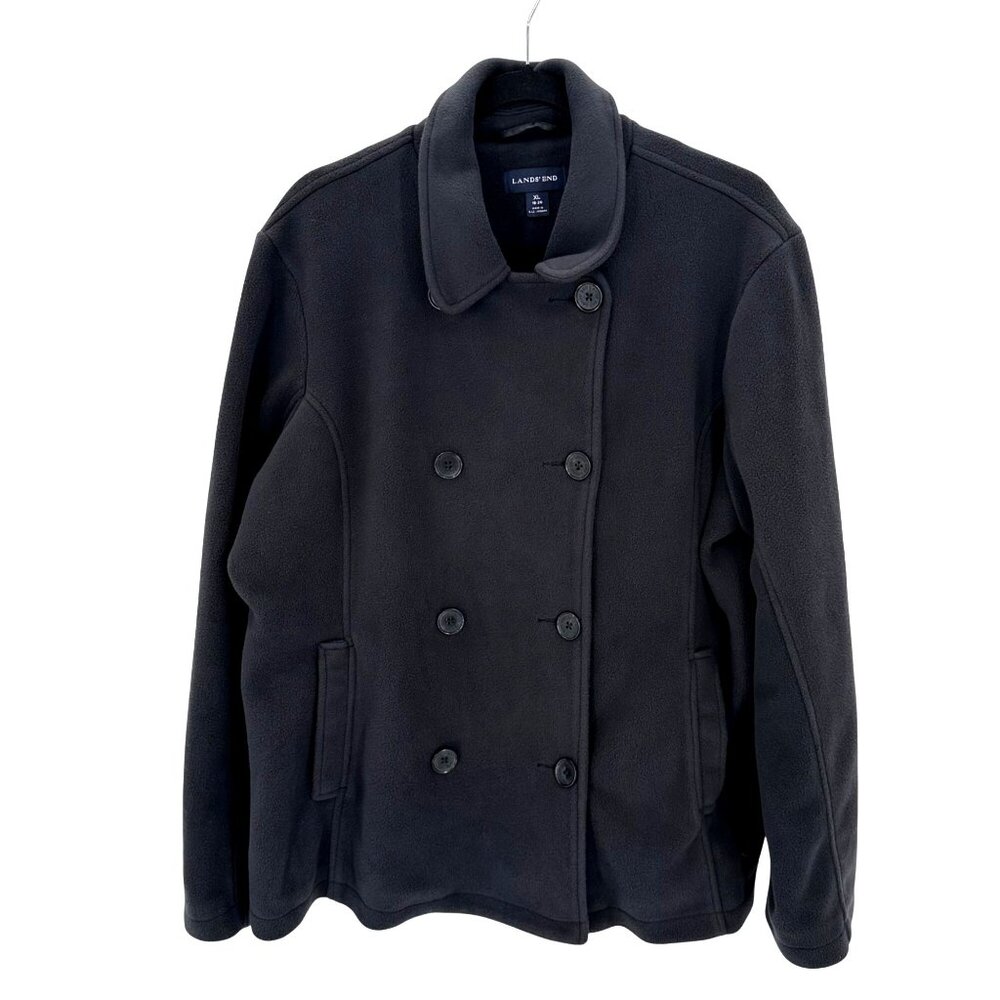 Lands End Black Double-Breasted Peacoat Thermacheck Fleece Warm Jacket Size XL